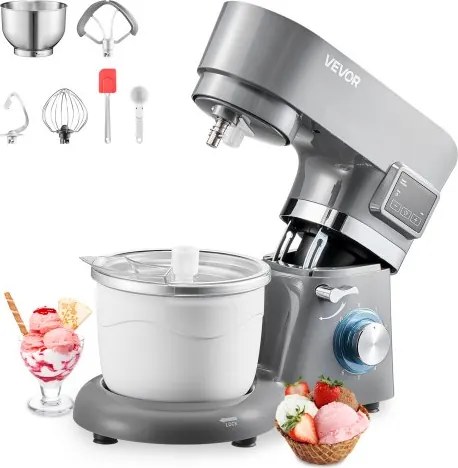 VEVOR IJsmachine 1,7L Staande Mixer 6-snelheden met LED-digitaal display &amp; timer &amp; roerpeddel &amp; deeghaak &amp; spatbescherming, voor doe-het-zelf bevroren yoghurt, fruitgelato sorbet grijs 1400W