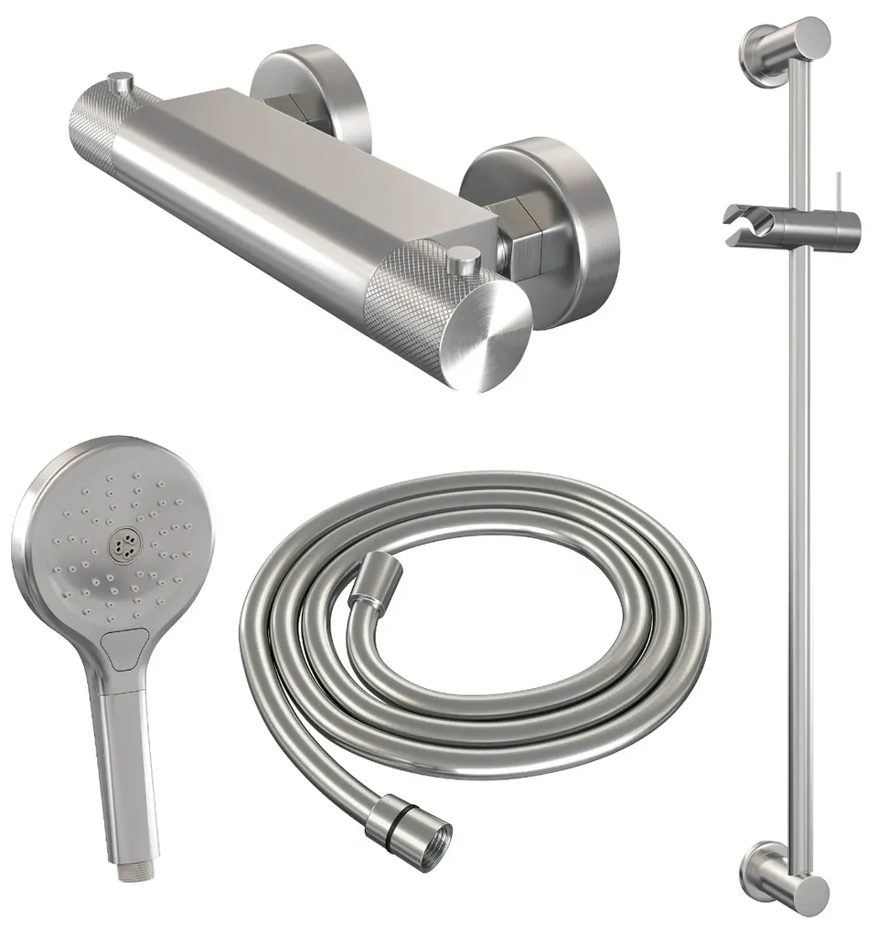 Brauer Brushed Carving thermostatische douchekraan met glijstang en 3 standen handdouche RVS geborsteld PVD