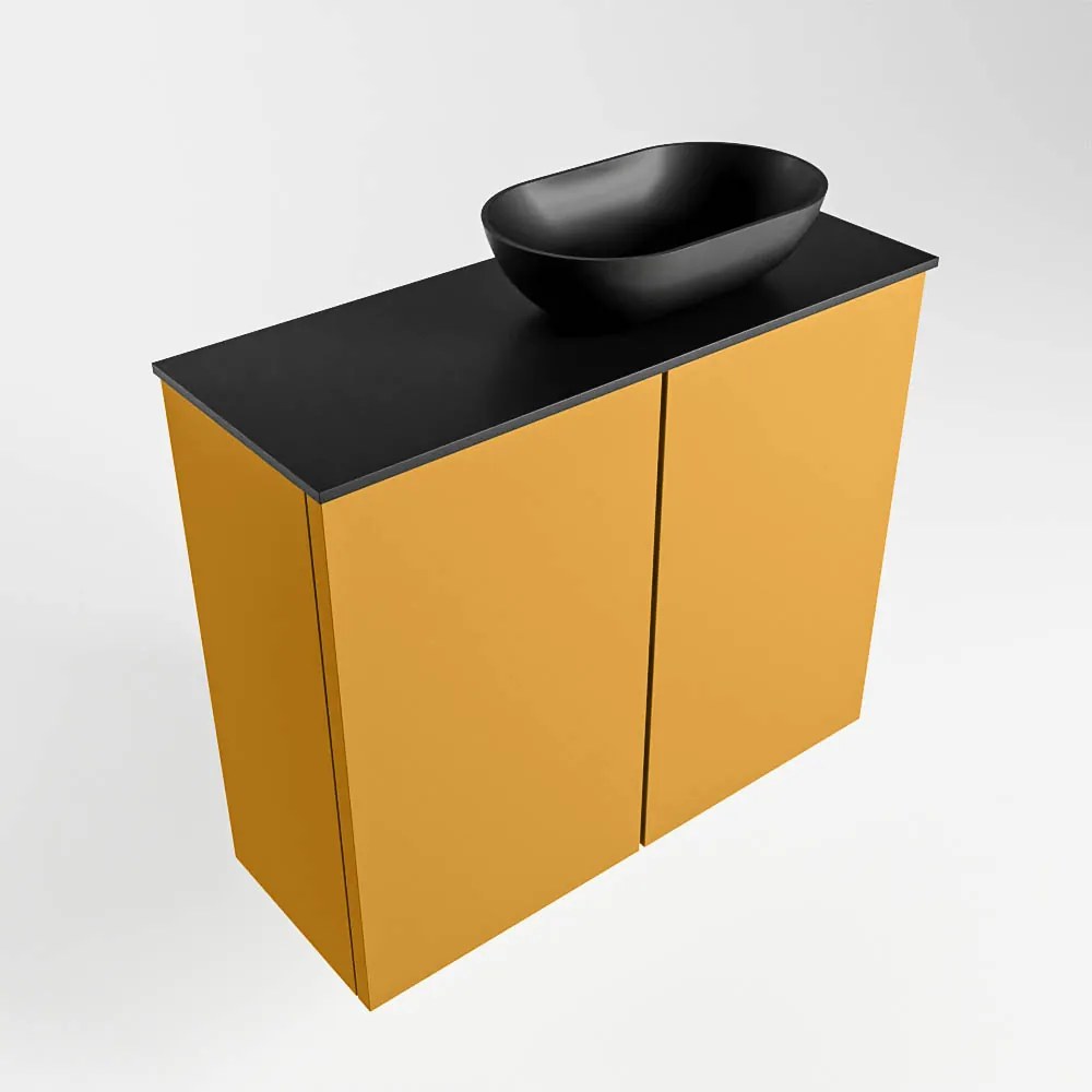 Mondiaz Fowy toiletmeubel 60cm ocher met zwarte waskom rechts zonder kraangat