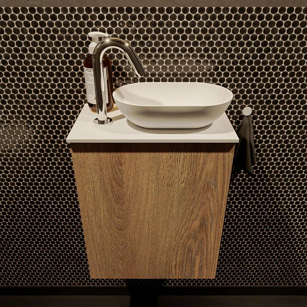 Mondiaz Fowy toiletmeubel 40cm washed oak met witte waskom rechts en kraangat