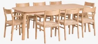 Uitschuifbare Eettafelset 220-320x95 Cm Treveris En 8 Eetkamerstoelen Van Eikenhout En Gevlochten Touw Mara Eikenhout - Sklum