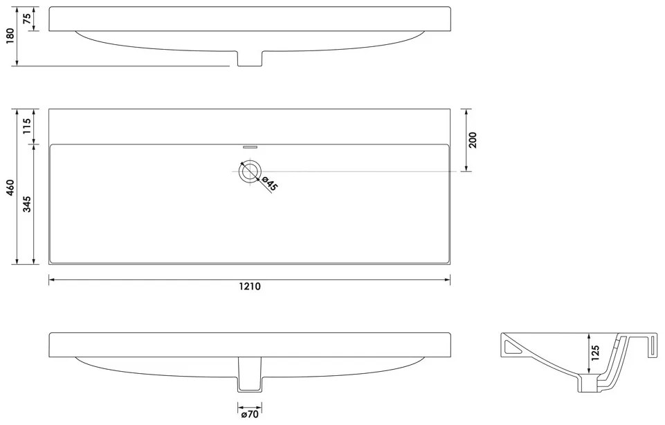 Brauer Aurora wastafel keramiek 120cm zonder kraangat wit glans