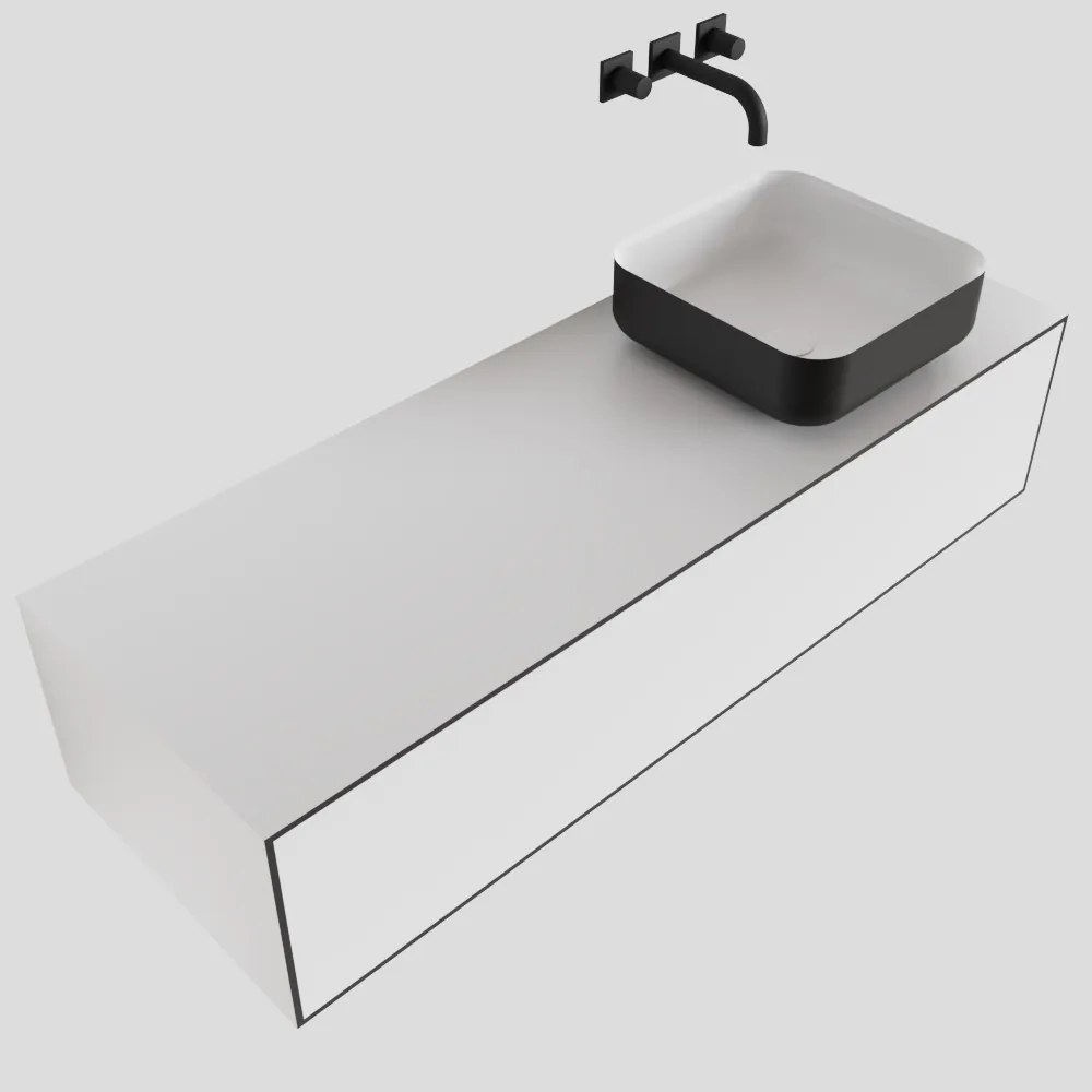 Zaro Lagom volledig naadloos solid surface onderkast met topblad 130cm mat zwart met 1 lades Push tot open. Compleet met solid surface opzetkom met 0 kraangat(en)