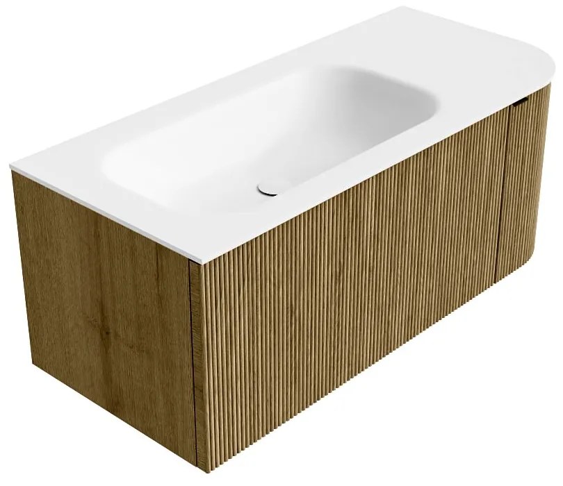 Mondiaz Kurve 105cm badmeubel ronding rechts dusk met 1 lade en deur en wastafel big small links zonder kraangat