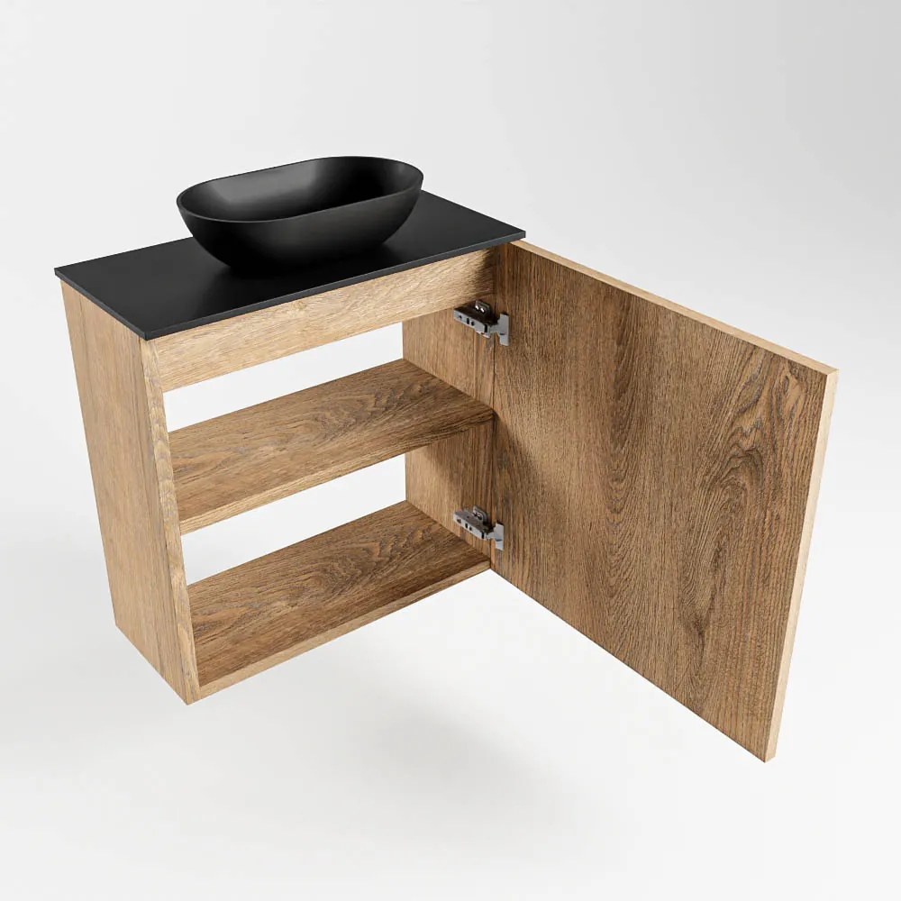 Mondiaz Fowy toiletmeubel 50cm washed oak met zwarte waskom midden zonder kraangat