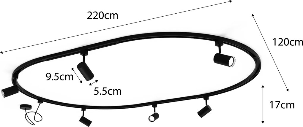 Modern railsysteem met 8 spots zwart 1-fase ovaal 200cm - Iconic Jeana