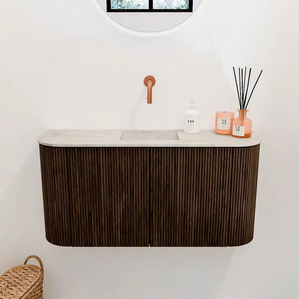 Mondiaz Joya DLux 85cm toiletmeubel ronding links/rechts walnut met wastafel faye midden zonder kraangat ostra