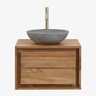 Jabari Zwevend Badkamermeubelset Van Teakhout Teakhout & Rond Grijs Cement Ø40 Cm Tarsis & Spiegelloze & Goud ↑30 Cm Met - Sklum