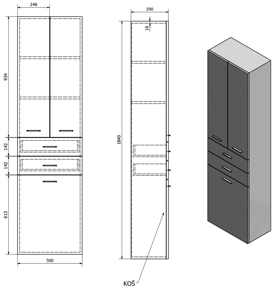 Sapho Zoja kolomkast met wasmand 50x184cm wit