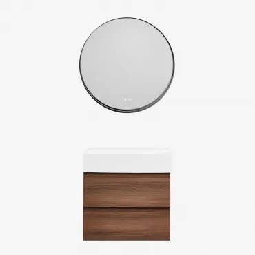 Ona Zwevend Badkamermeubelset Van Hout En Essenfineer Met Geïntegreerde Wastafel Donker Hout & Round Led And Antifog Zwart Ø80 Cm Kimacs - Sklum