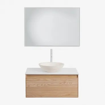 Tedrik Badkamermeubelset In Essenhout Ash Brown & Rond Cement Wit Ø40 Cm Zavion & Rechthoekige Led En Anticondens 100x70 Cm Tamsin & Wit - Sklum