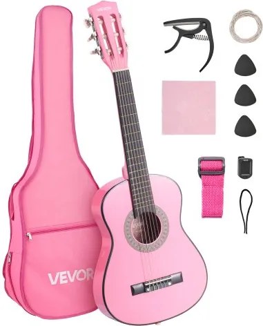 VEVOR Concertgitaar, 780 mm houten klassieke gitaar startersset voor beginners, met nylon snaren, gigbag, riem, tuner, extra snaren, plectrums, capo, lindehout, voor beginners en studenten, roze