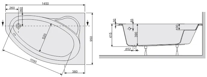 Plazan Ekoplus hoekbad 145x95cm wit rechts inclusief potenset