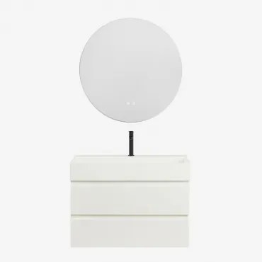 Ona Zwevend Badkamermeubelset Van Hout En Essenfineer Met Geïntegreerde Wastafel Wit & Round Led And Antifog Ø70 Cm Riben & Mat - Sklum