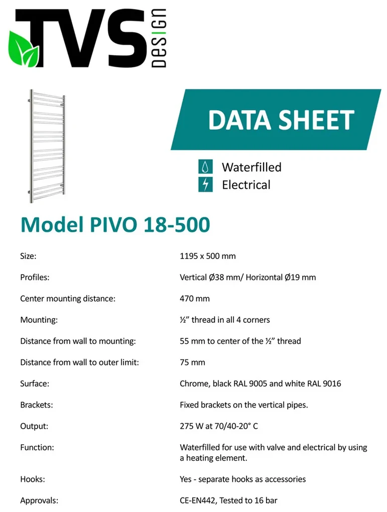 TVS Design Pivo handdoekradiator chroom 276W 119,5x50cm