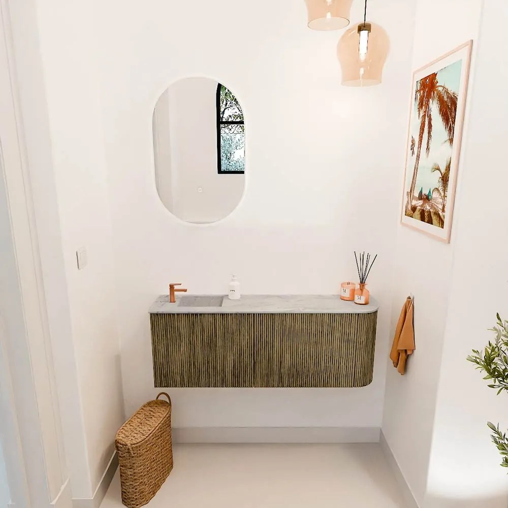 Mondiaz Joya DLux 110cm toiletmeubel ronding rechts dusk met wastafel faye links 1 kraangat glace