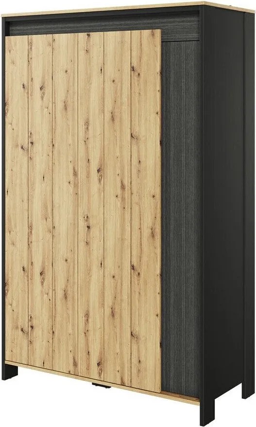 Kledingkast Lomsevu 112, Zwart, Artisan eiken, 196x123x55cm, 102 kg, Kledingkast deuren: Met scharnieren, Aantal planken: 5, Aantal planken: 5