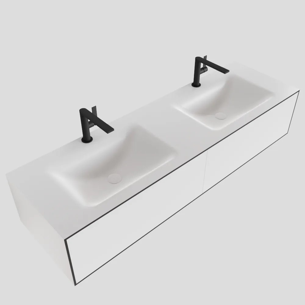 Zaro Lagom volledig naadloos solid surface onderkast 150cm mat zwart met 2 lades Push tot open. Compleet met solid surface wastafel met 2 kraangat(en)