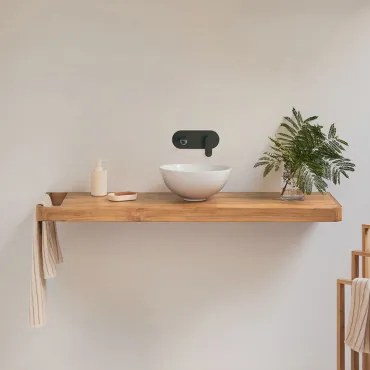 Conjunto Van Meubel 130x45 Cm Hangend In Teakhout Neill Teakhout & Rond Wit Keramiek Ø30 Cm Calgari & Spiegelloze & Zwart Ingebed Met - Sklum