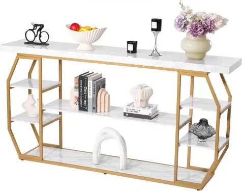 VEVOR Marmeren consoletafel, moderne haltafel met 3 niveaus (180 x 35 x 91 cm) voor open opbergruimte, gouden geometrische tafel met ijzeren buizen, anti-kantel- en driehoekige steun