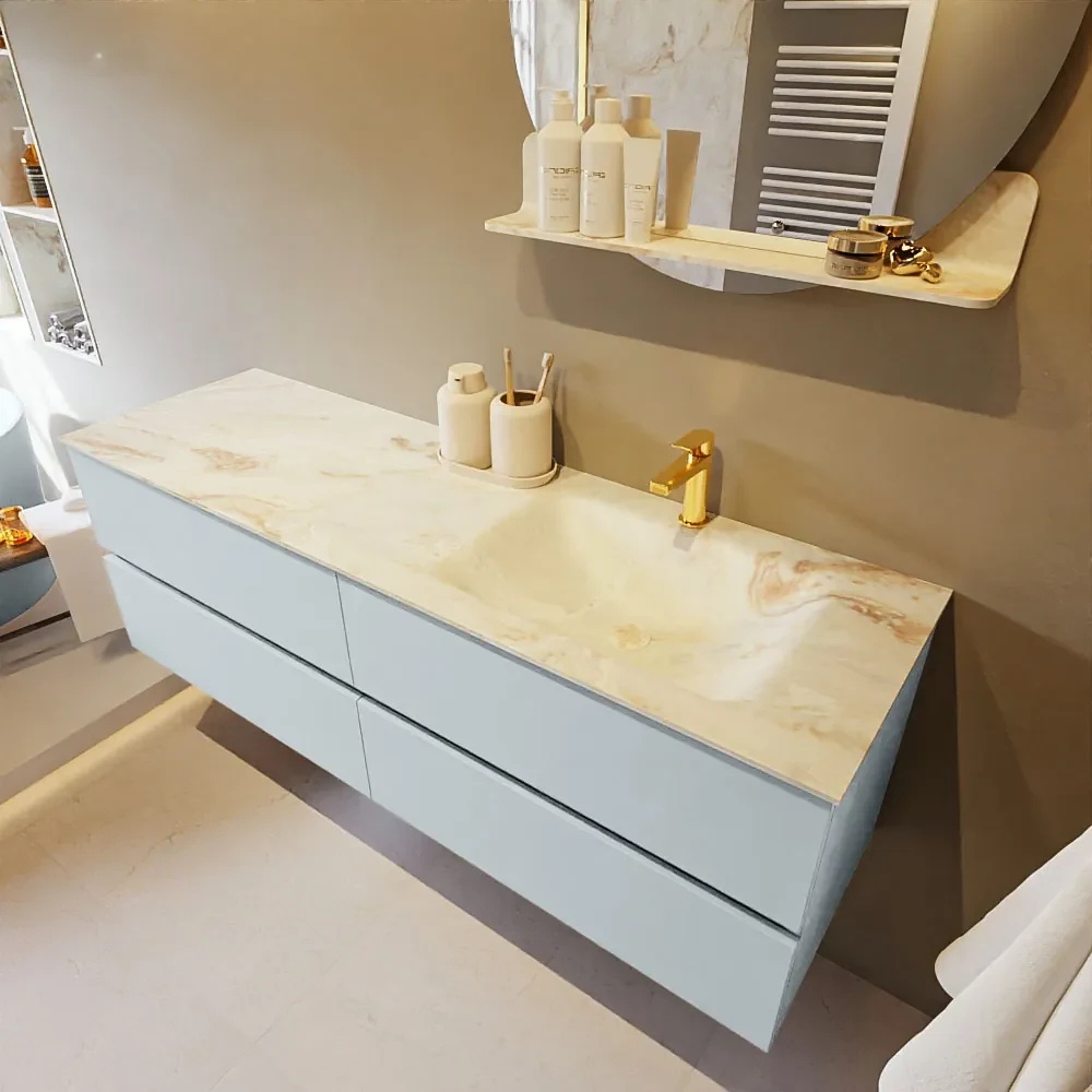 Mondiaz Vica DLux badmeubel 150cm clay 4 lades met wastafel frappe rechts 1 kraangat