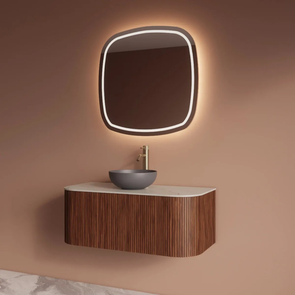 Gliss Design Alluro badmeubel ribbelfront met ronding links/rechts 100cm walnut en wit marmer toppaneel