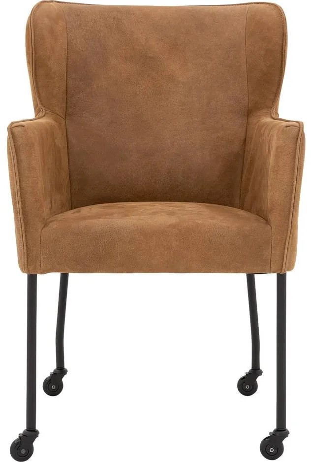 Goossens Excellent Eetkamerstoel Leogang donkerbruin leer met armleuning en Zwart skater wiel met zwarte kapmet wielen, elegant chic