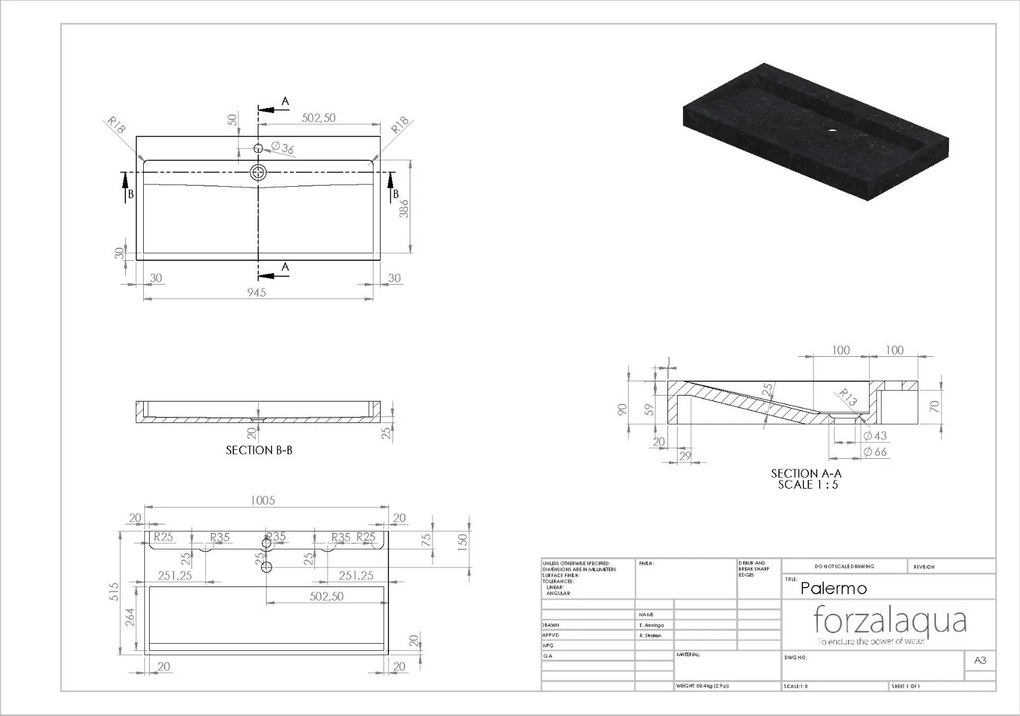 Forzalaqua Palermo wastafel 100x50cm met kraangat graniet gepolijst