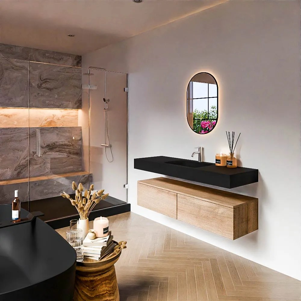 Zaro Alan badmeubel 140cm washed oak 2 lades met vrijhangende wastafel cloud midden 1 kraangat urban