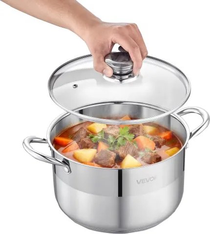 VEVOR roestvrijstalen soeppan van 7,6 liter met glazen deksel, geschikt voor inductiekookplaten, hoogwaardige pastapan, PFOA-vrij, PFAS-vrij, voor gas- en elektrische kookplaten, ideaal voor stoofschotels, pasta en soepen.