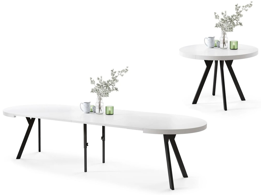 EXPANSO Wit mat/zwarte poten - GROTE RONDE TAFEL Ø110 UITBREIDBAAR TOT 310 cm met Y-POTEN LOFT/INDUSTRIAL