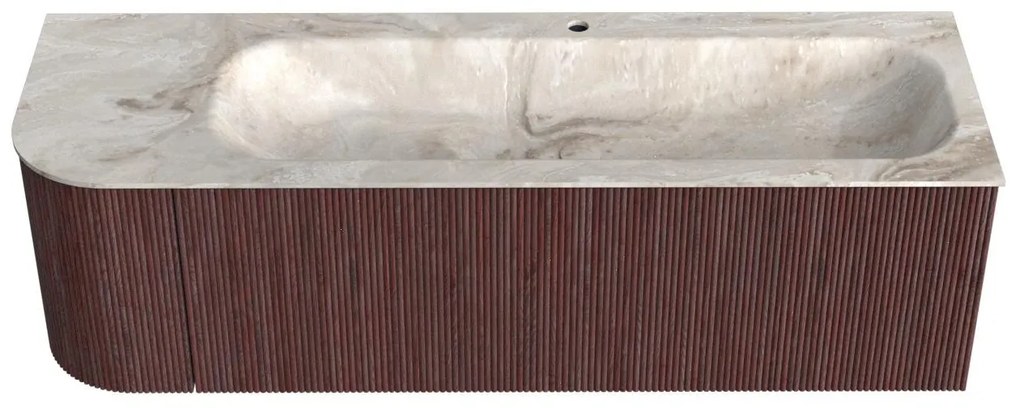 Mondiaz Kurve-dlux 145cm badmeubel ronding links ruby met 1 lade en deur en wastafel big large kraangat rechts frappe