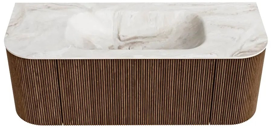 Mondiaz Kurve-dlux 120cm badmeubel ronding links/rechts walnut met 1 lade en 2 deuren en wastafel big small midden 1 kraangat frappe
