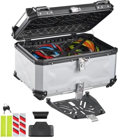 VEVOR Topcase Motorkoffer 65 L, Universele Achterkoffer Aluminium, Waterdichte Helmhoes, Afneembaar, met Veiligheidsslot, Reflecterende Strips en Lederen Voering voor Helmopslag