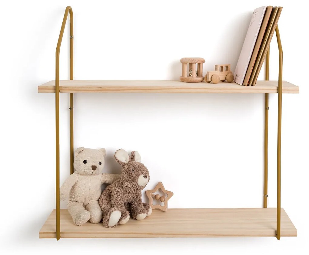Dubbele wandplank in grenen en ijzer metaal L65 cm, Vinto