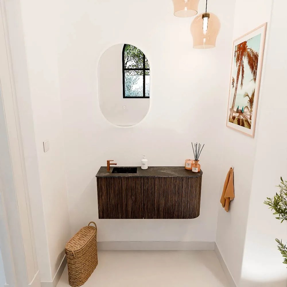 Mondiaz Joya DLux 90cm toiletmeubel ronding rechts walnut met wastafel faye links 1 kraangat lava