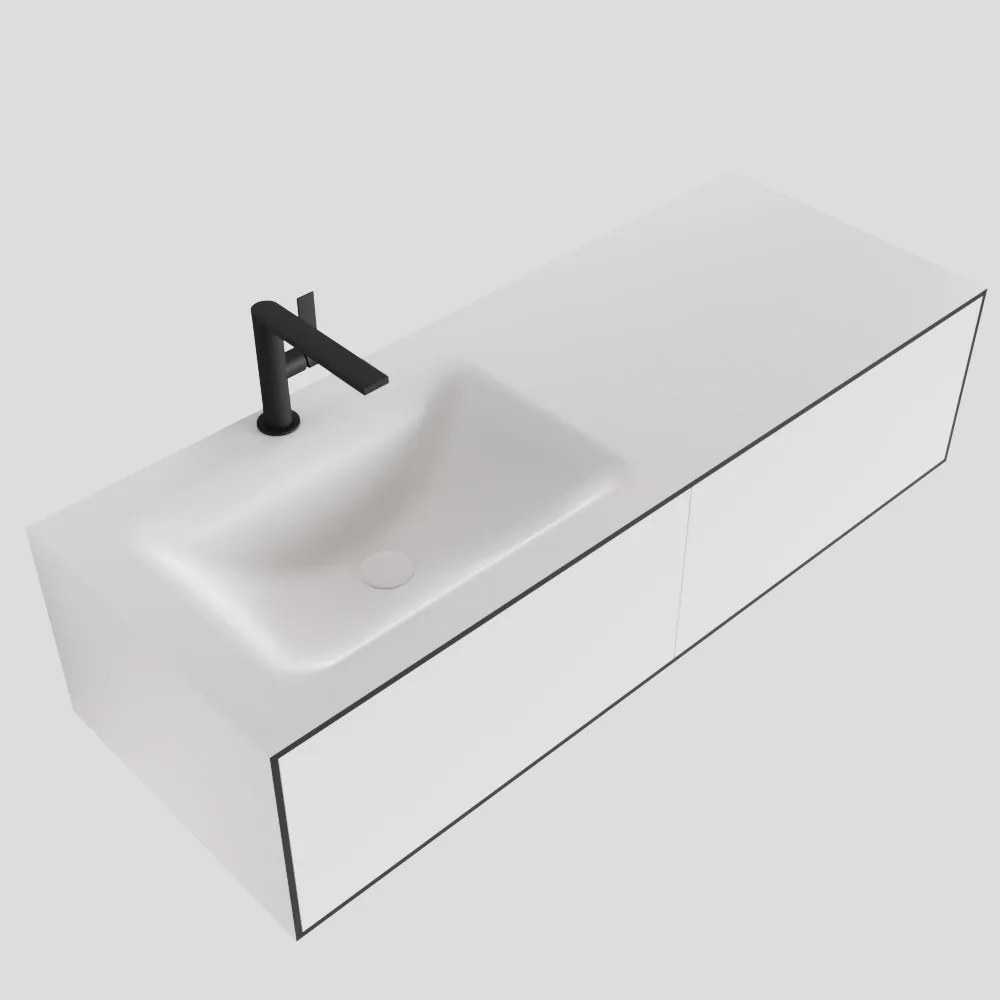 Zaro Lagom volledig naadloos solid surface onderkast 120cm mat zwart met 2 lades Push tot open. Compleet met solid surface wastafel met 1 kraangat(en)