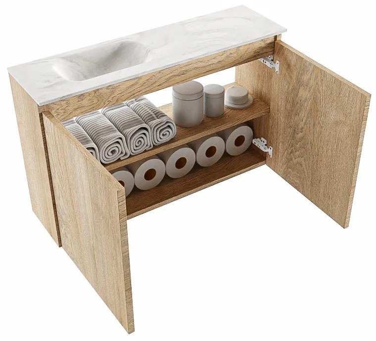 Mondiaz Ture DLux toiletmeubel 80cm washed oak met wastafel ostra links met kraangat