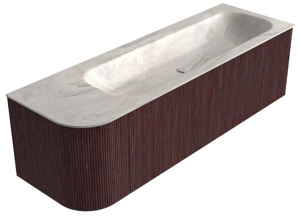 Mondiaz Kurve-dlux 145cm badmeubel ronding links ruby met 1 lade en deur en wastafel big large rechts zonder kraangat ostra