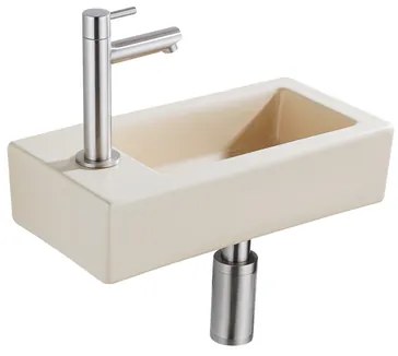 QeramiQ Fuente Fonteinset - 37.5x18.5x9cm - keramiek - kraangat links - fonteinkraan geborsteld RVS - afvoerplug - verlaagd sifon - Mat Beige SW1122452/SW696207/SW696217/SW696237