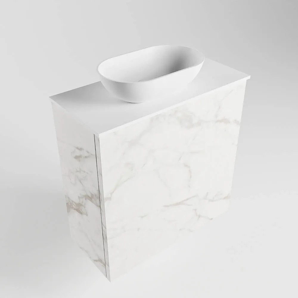 Mondiaz Fowy toiletmeubel 50cm Carrara met witte waskom links en kraangat