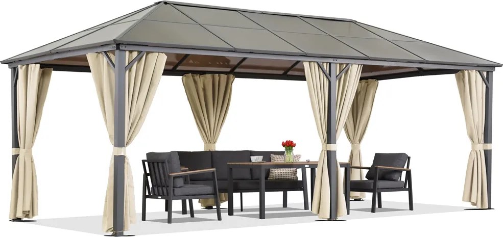 Milos tuinhuisje 3x6m met klamboe en crèmekleurige gordijnen Tuinpunt