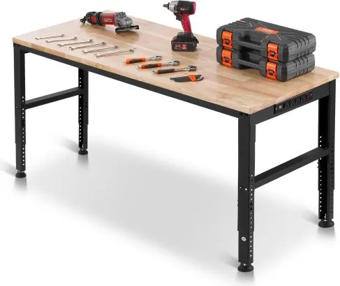 VEVOR Werkbank, 1549 x 508 mm Werktafel, Hoogte Verstelbaar 688-914 mm, Draagvermogen 900 kg, Inclusief Stroomaansluitingen, Hardhouten Oppervlakte, Metalen Frame &amp; Voetkussens, Ideaal voor Garage, Kantoor &amp; Thuis