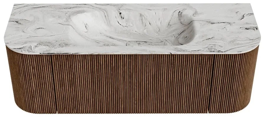 Mondiaz Kurve-dlux 130cm badmeubel ronding links/rechts walnut met 1 lade en 2 deuren en wastafel big small midden zonder kraangat glace
