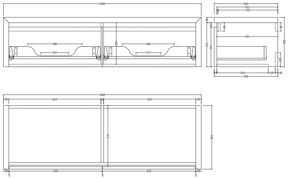 SaniGoods Alvares badmeubel 140cm 2 lades eiken charcoal met rivierstenen waskommen