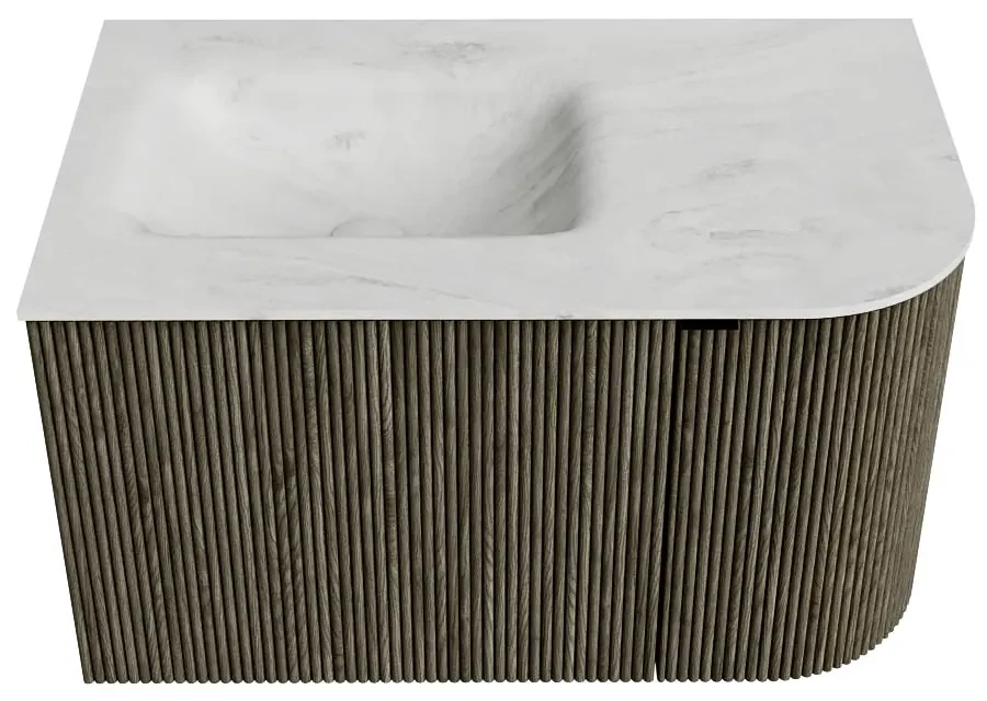 Mondiaz Kurve-dlux 75cm badmeubel ronding rechts shadow met 1 lade en deur en wastafel grunne kraangat links opalo