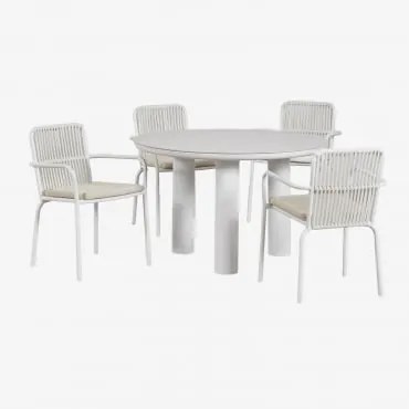Arken Ronde Tafelset Van Keramiek En Aluminium, Ø120, En Vier Alberta Aluminium Tuinstoelen Met Armleuningen. Beige – Crème - Sklum