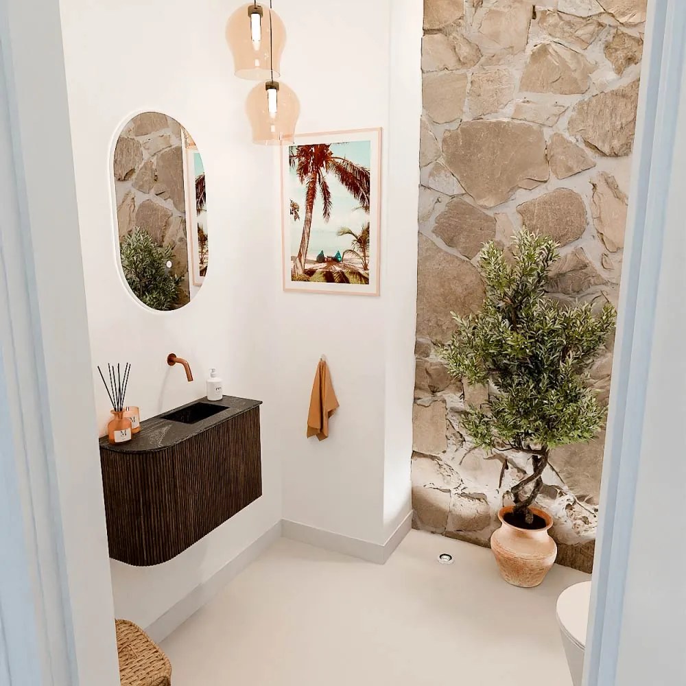 Mondiaz Joya DLux 60cm toiletmeubel ronding links walnut met wastafel faye rechts zonder kraangat lava