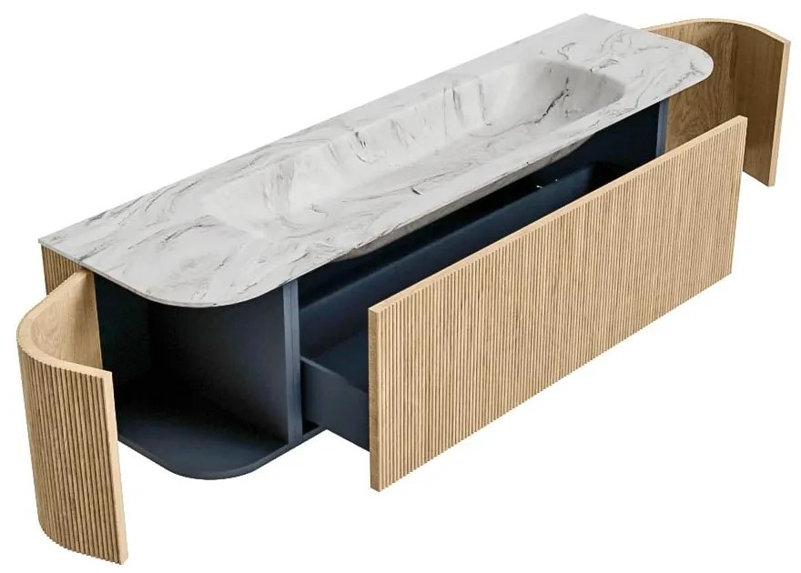 Mondiaz Kurve-dlux 170cm badmeubel ronding links/rechts oak met 1 lade en 2 deuren en wastafel big large midden 1 kraangat glace