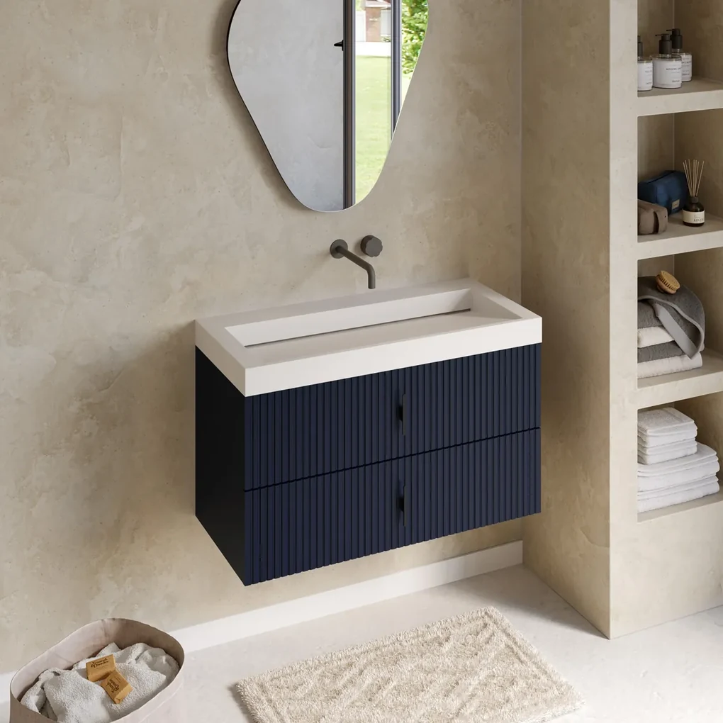 Muebles Estella badmeubel ribbelfront 100cm marine blauw met solid surface wastafel zonder kraangat